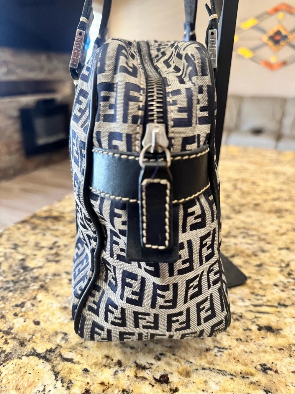 Fendi Blue/black FF Logo Canvas Boston bag